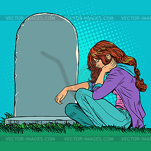 Sad widow or daughter near grave in cemetery. - vector image