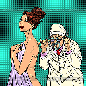 Doctor with retro stethoscope listening to female - vector image