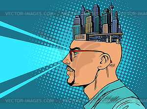 Man and city skyscrapers, urban planner or architect - vector clip art