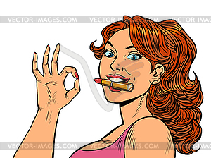 Woman with lipstick. OK gesture. Fashionable - vector image