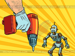 Repair of robotics concept. robot and drill - vector image