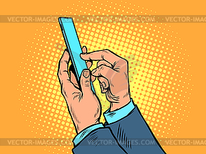 Men hands with smartphone. Business Internet - vector clipart