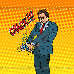 Businessman breaks his smartphone in rage - vector clip art