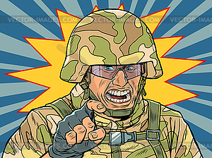 Aggressive military in camouflage and helmet - vector EPS clipart
