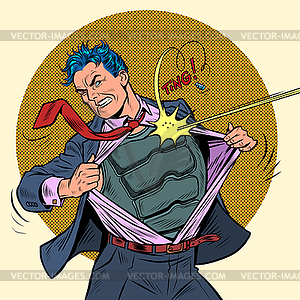 Superhero businessman tears up suit. Bulletproof - vector clipart