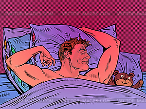 Cute man with toy bear sleeping sweetly in bed - vector image