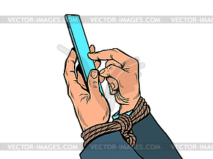 Men hands with smartphone. Tied hands. Internet - vector clip art