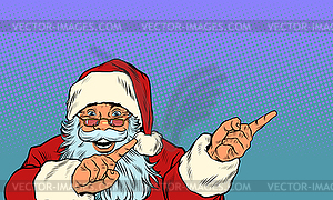 Santa Claus shows side. Christmas ad or announcement - vector image