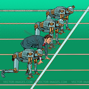 Humans compete with robots. Technical revolution - vector clipart