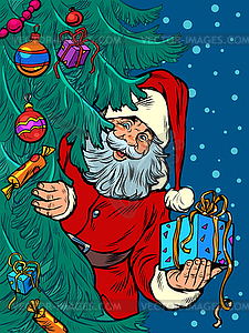 Santa Claus looks out of behind tree. Christmas - vector EPS clipart
