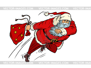 Дед Мороз бежит с подарочным пакетом. Рождество - стоковый векторный клипарт