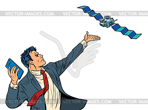 Businessman with smartphone and global satellite - vector clipart