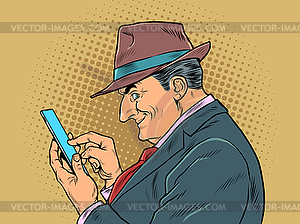 Elderly businessman with smartphone. boss looks at - vector clip art