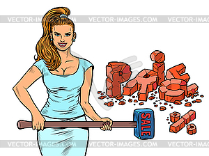 Woman with hammer breaks prices. buyer concept. - vector clipart