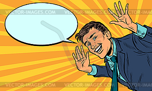 Pop art comic businessman greets and smiles - vector clip art