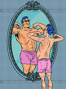 Man in front of mirror imagines himself muscular - vector clipart