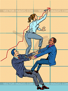 Совместная деятельность. мужчина и женщина бизнесмен увеличиваются - графика в векторном формате