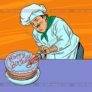 С Днем Рождения кондитер мужчина с тортом - векторный графический клипарт