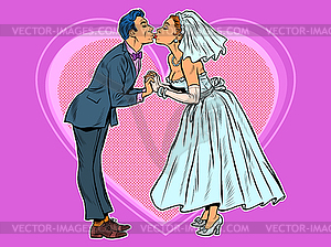 Невеста и жених поцелуй. Свадебная церемония - векторное изображение