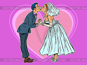 Bride and groom kiss. Wedding ceremony - vector image