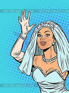 Bride joyfully welcomes, happiness on wedding day - vector image