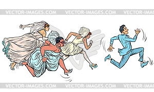 Groom comically runs away of several brides. - vector image