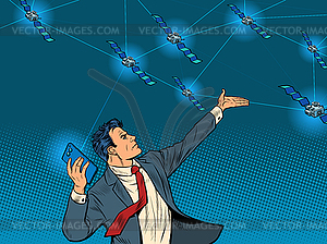 Businessman with smartphone and global satellite - vector clipart