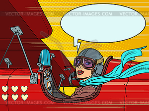 Beautiful woman pilot in love plane. Valentines Day - vector image