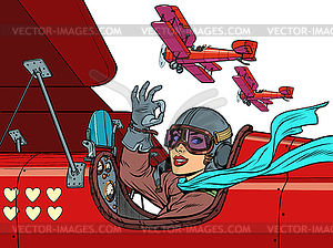 Beautiful woman pilot in love plane. Valentines Day - vector clip art