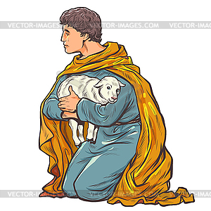 Shepherd with lamb, biblical story - vector image