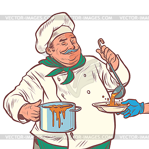 Male chef prepares delicious food - vector clipart