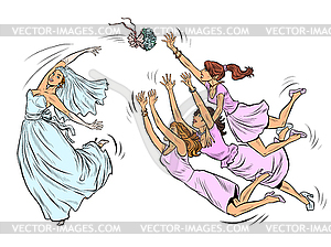 Bride at wedding throws bouquet - color vector clipart