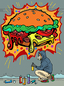 Teenage boy draws graffiti burger. fast food - vector clip art