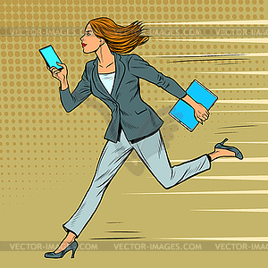 Businesswoman runs with smartphone. Modern woman - vector image