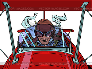 Retro pilot man in aeroplane of first world war - vector clip art