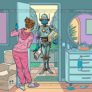 Robot courier in medical mask, safe delivery in - vector clipart