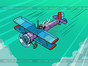 Retro airplane with female pilot - vector image