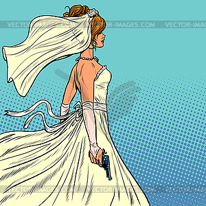 Beautiful bride in wedding dress and gun - vector image