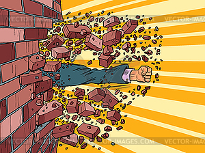 Businessman breaks through brick wall. will to - vector image