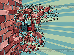 Businessman breaks through brick wall. will to - vector clipart