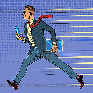 Businessman hurries and runs. Timeline working hour - vector image