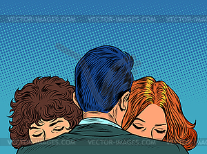 Two women are sad on shoulder of man. Sadness and - color vector clipart