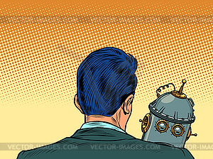 Emotional robot is sad on shoulder of its creator. - vector image