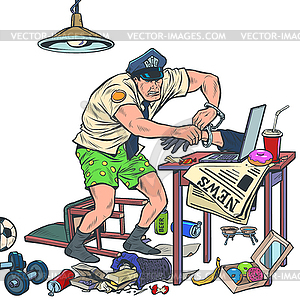 Офицер полиции арестовывает интернет-хакера - цветной векторный клипарт