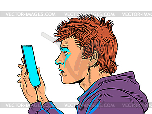 Teenage guy and smartphone. internet and apps - vector clip art