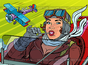 Female retro pilot. professional military pilot - vector image