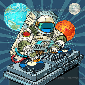 Astronaut cosmonaut dj on vinyl turntables. - vector clip art