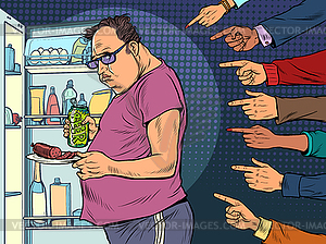 Fat man at refrigerator. Others condemn person for - vector image