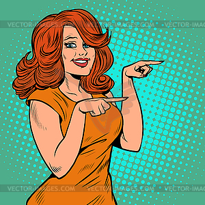 Woman points with her finger. presentation - vector clipart