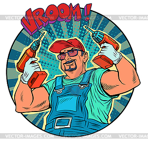 Male worker with drill. Carpenter or builder, - vector image